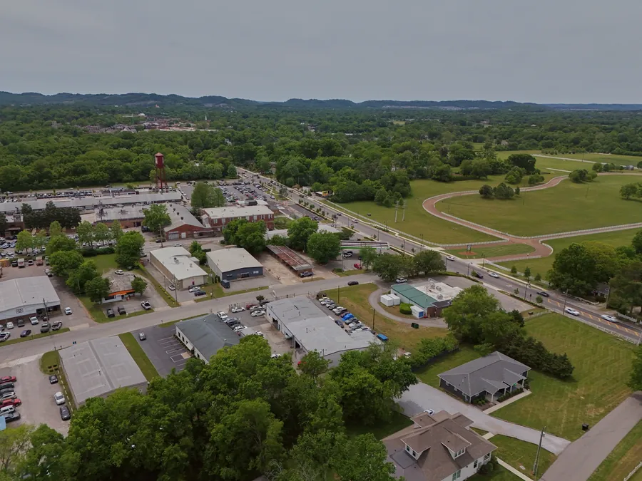 Aerial drone view of the Wursters shop and surrounding neighborhood