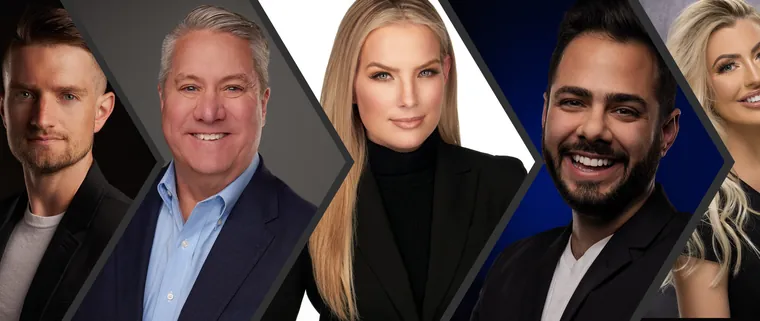 Five professional headshots taken at a conference headshot booth, shown side by side