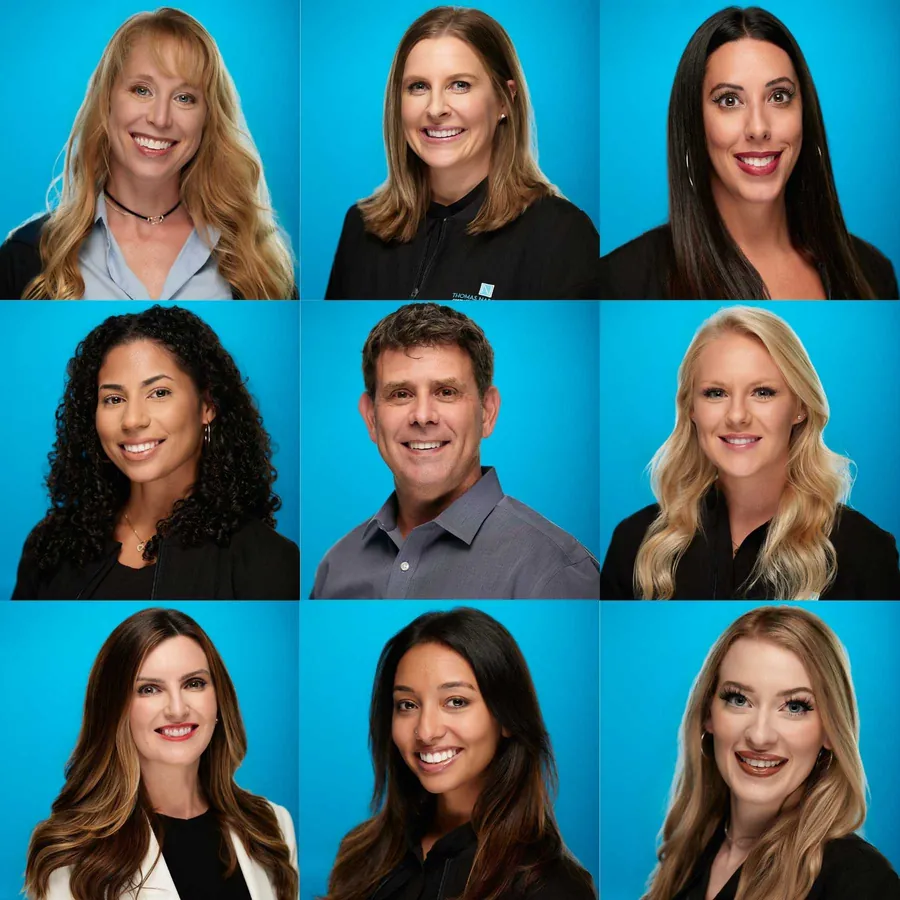 Grid of nine team headshots with a consistent look against a bright blue backdrop