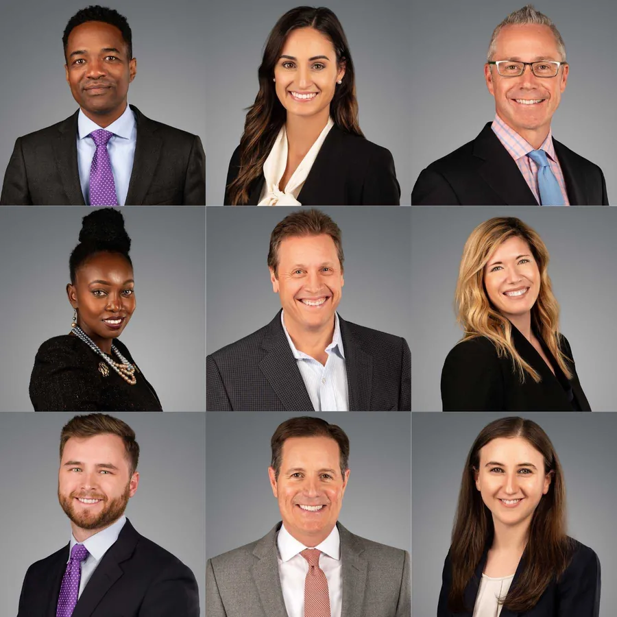 Grid of nine team headshots with a consistent look against a medium gray backdrop