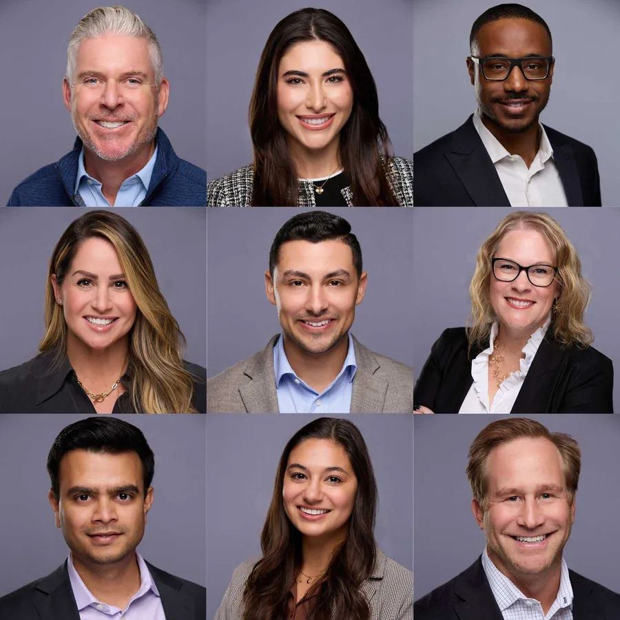 Grid of nine team headshots with a consistent look against a purple-gray backdrop
