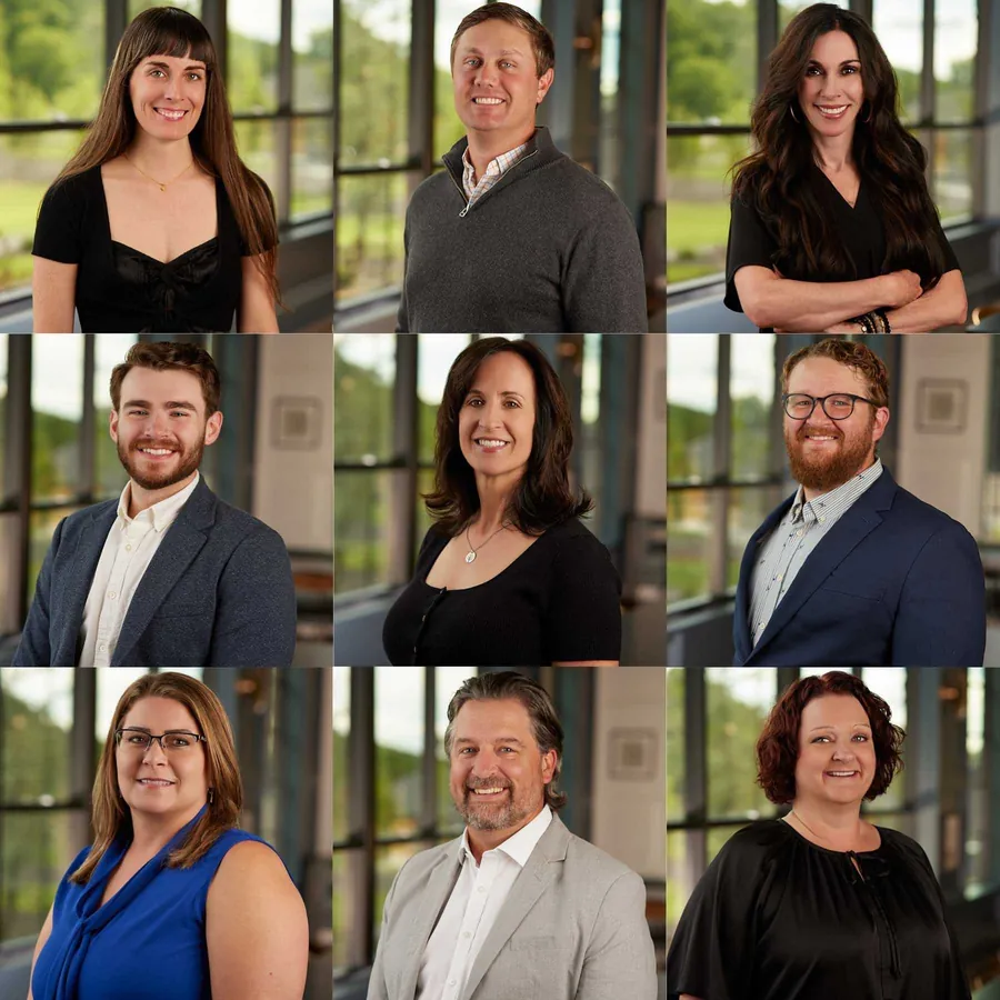 Grid of nine team headshots with a consistent look in front of a windowed office backdrop