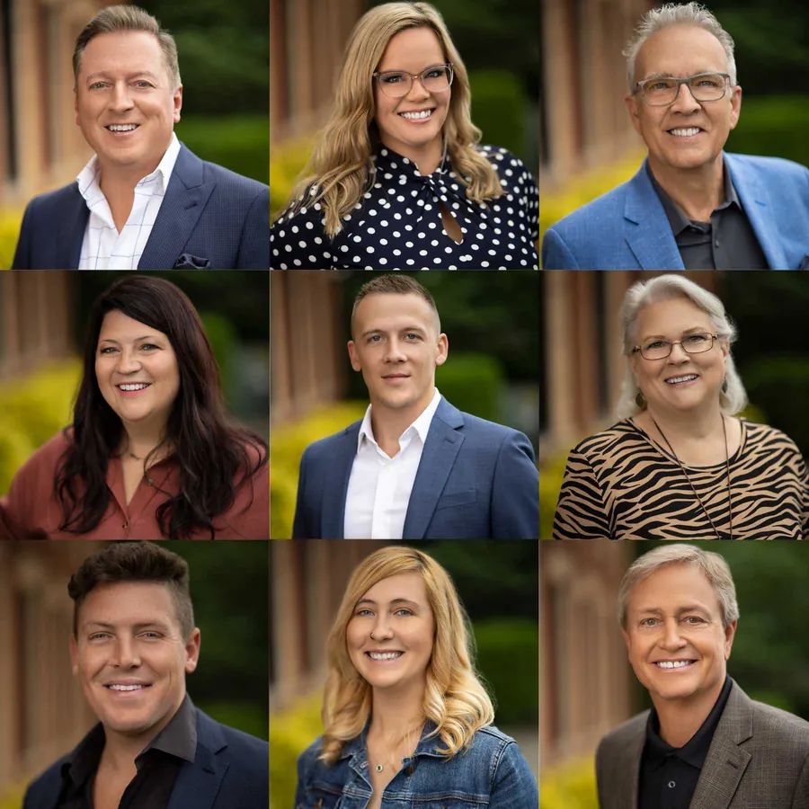 Grid of nine team headshots with a consistent look in front of an outdoor green backdrop
