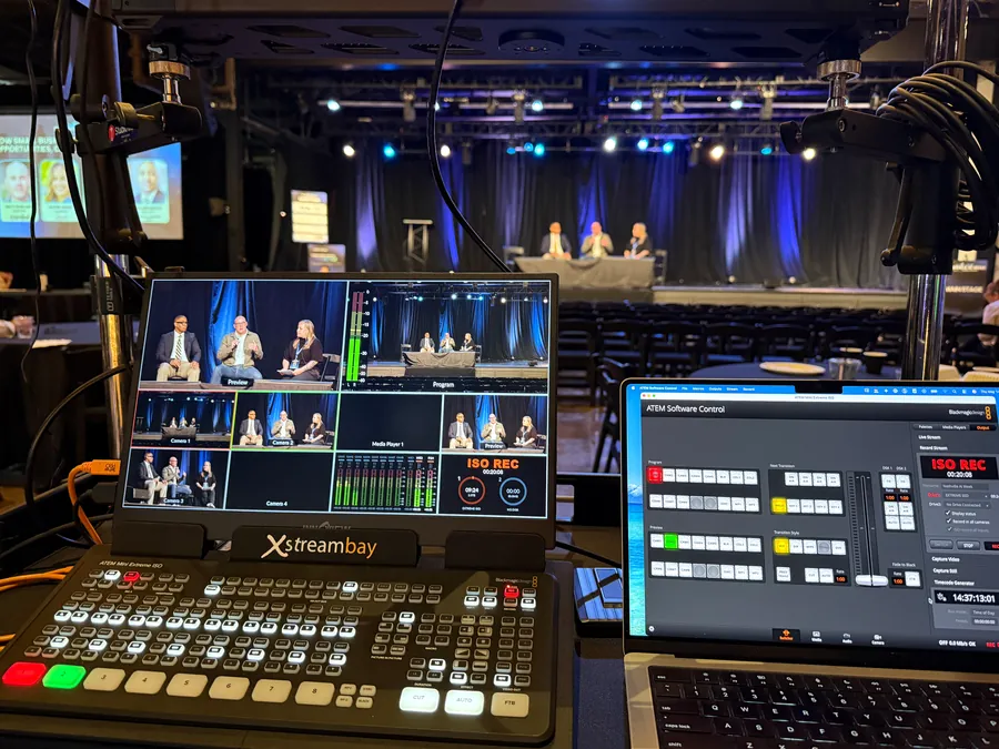 Multi-camera live production control room with switcher monitors, recording a stage event in Nashville