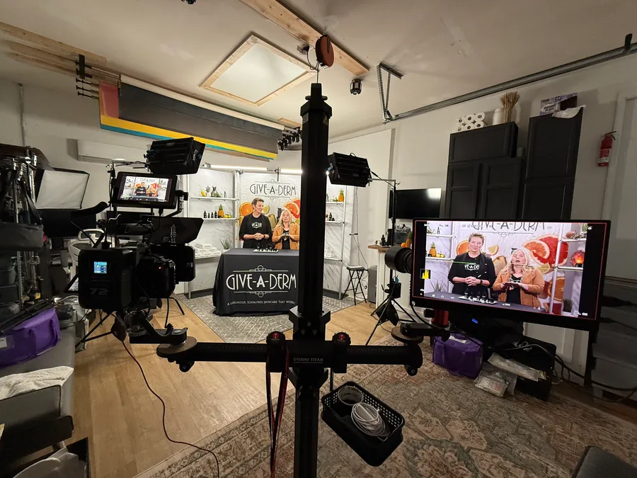 Wide view of a multi-camera brand video shoot for Give-A-Derm
