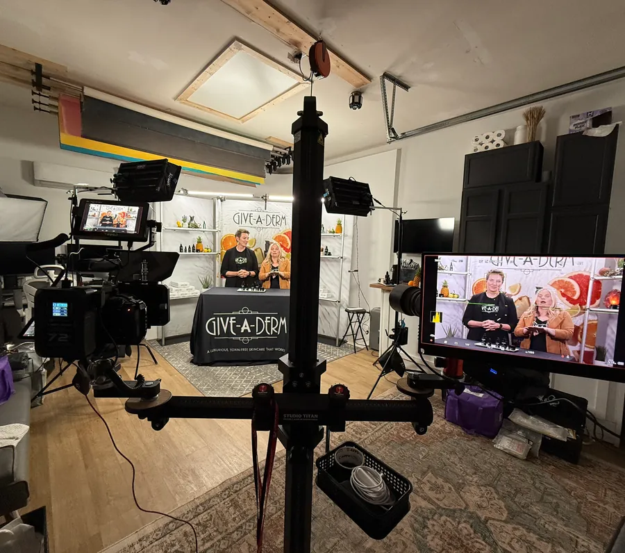 Wide view of a multi-camera brand video shoot for Give-A-Derm